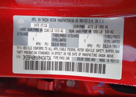 2024 Mazda Mazda3 из США, поврежденный, VIN 3MZBPABMXRM434704